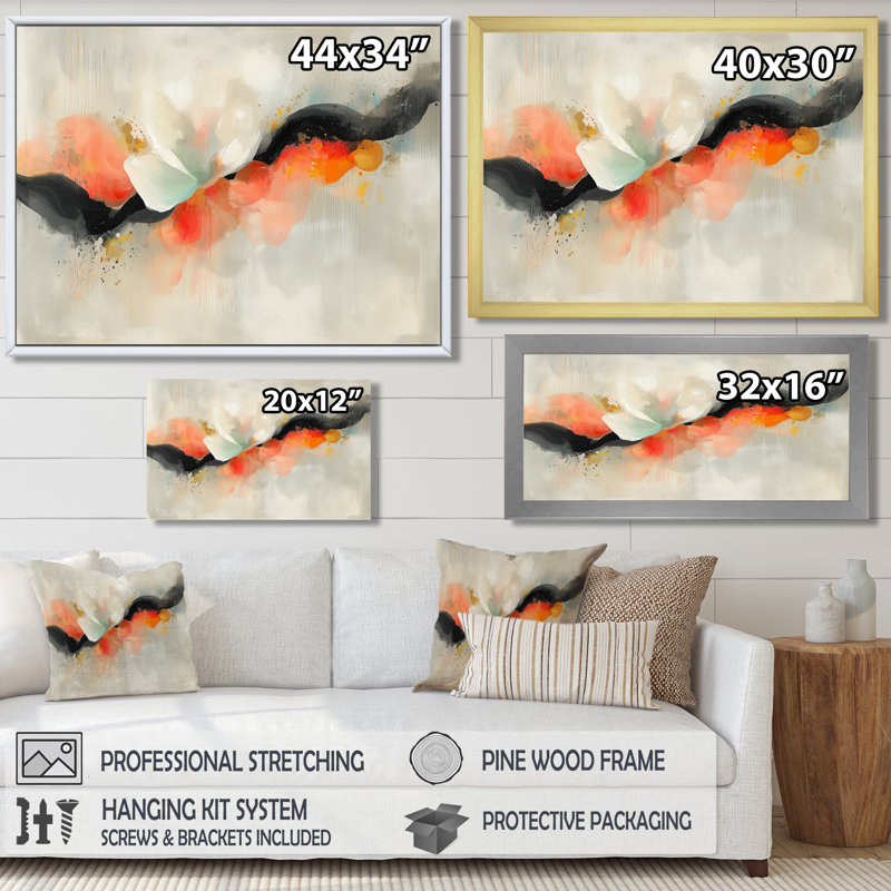 «Emotion Pulse Of Volcano», encre liquide abstraite, H 16 po x l 32 po, Cadre flottant, Doré