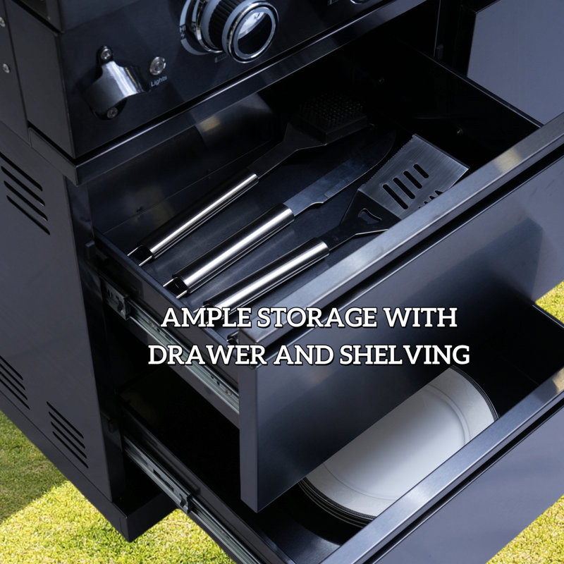 Îlot de cuisine de 43 pouces à 6 brûleurs et 85 000 BTU de cuisine au gaz en acier inoxydable pour barbecue et îlot de cuisine + réfrigérateur à vin compact + ensemble de rôtisserie + comptoirs en granite + évier en acier inoxydable