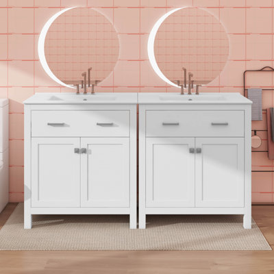 Ensemble de meuble-lavabo double 60 po avec lavabo double 60 po, tablette réglable et portes à fermeture en douceur