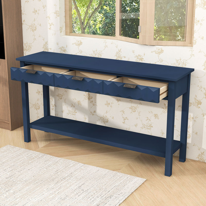 Console rustique en nid d'abeille avec 3 tiroirs de rangement et tablette ouverte, Marine