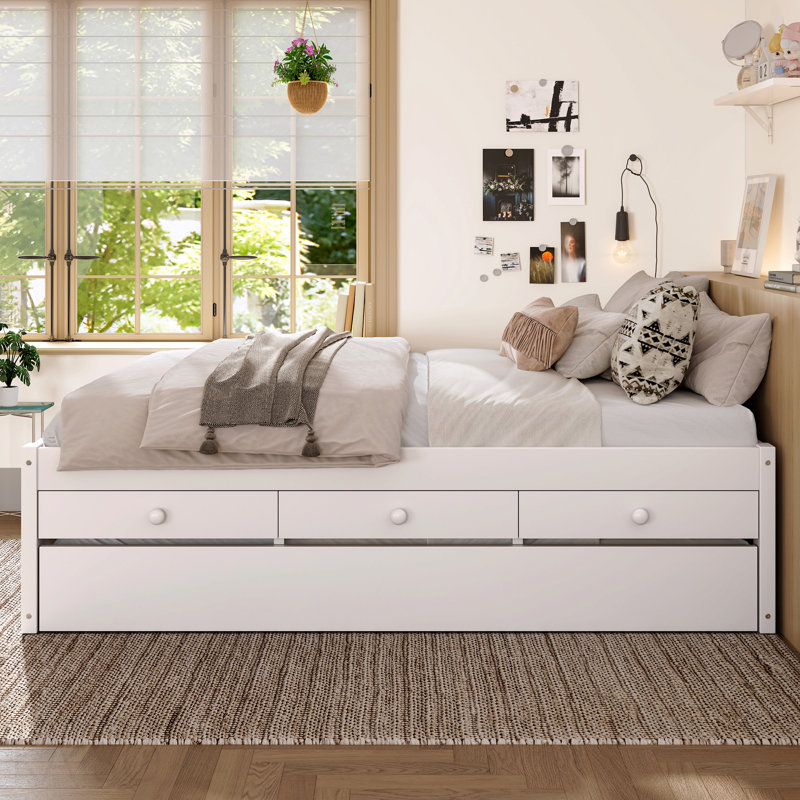 Lit plateforme double avec lit gigogne et 2 tiroirs, lits en bois massif avec barre d'alimentation, blanc, Full, White