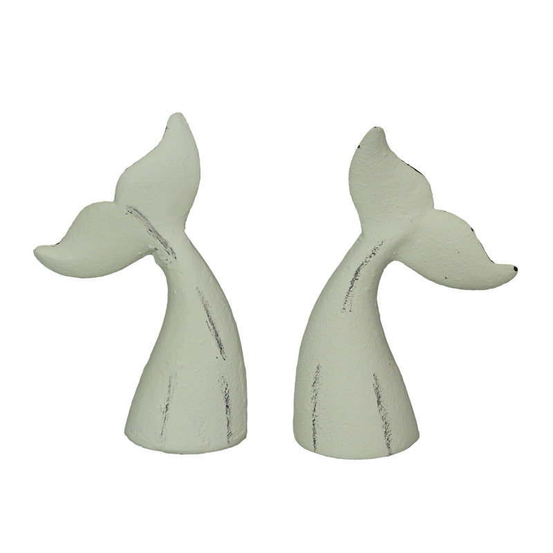 Ensemble de 2 serre-livres décoratifs en queue de baleine en fonte au fini émaillé bleu rustique Coastal - L 4 po x l 1,5 po x H 6,5 po