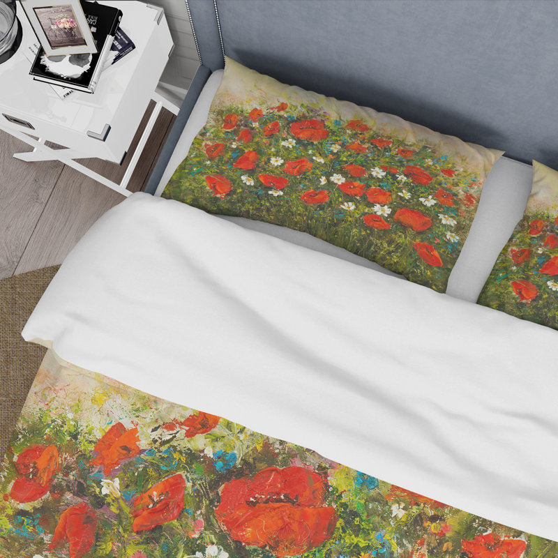 Fleurs sauvages rouges dans les champs - Ensemble de housse de couette traditionnel - Microfibre de polyester
