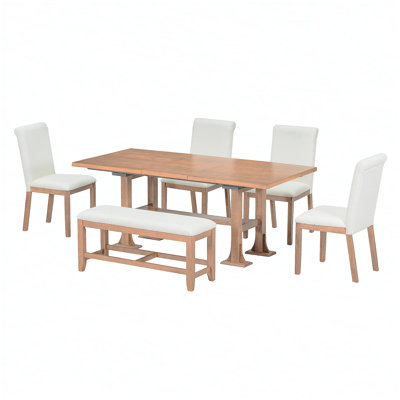 Farmhouse 76inch 6-Piece Extendable Dining Table Set Trestle Kitchen Table Set with 18inch Removable Leaf and Upholstered Dining Chair and Bench for D