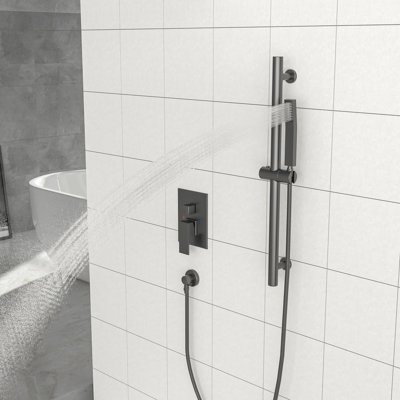 Matte Black Shower System With 12 Inch Square Head - Wall Mount, Adjustable Slide Bar, And Valve Spray Pattern In Mount Easy To Clean Nozzle, Dual