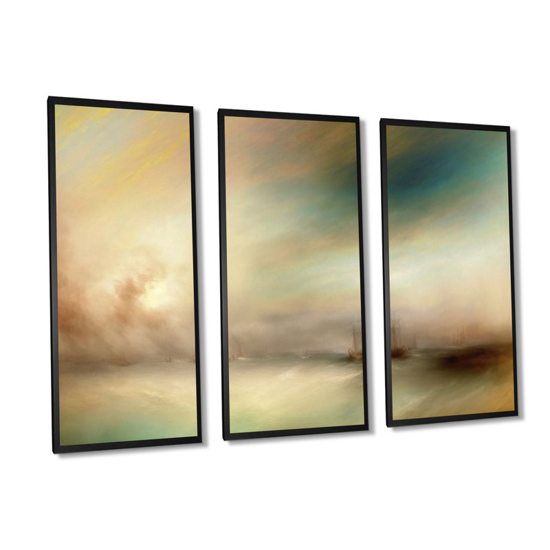 Voilier pendant le coucher du soleil exotique III, reproduction sur toile 3 pièces, Toile encadrée noire
