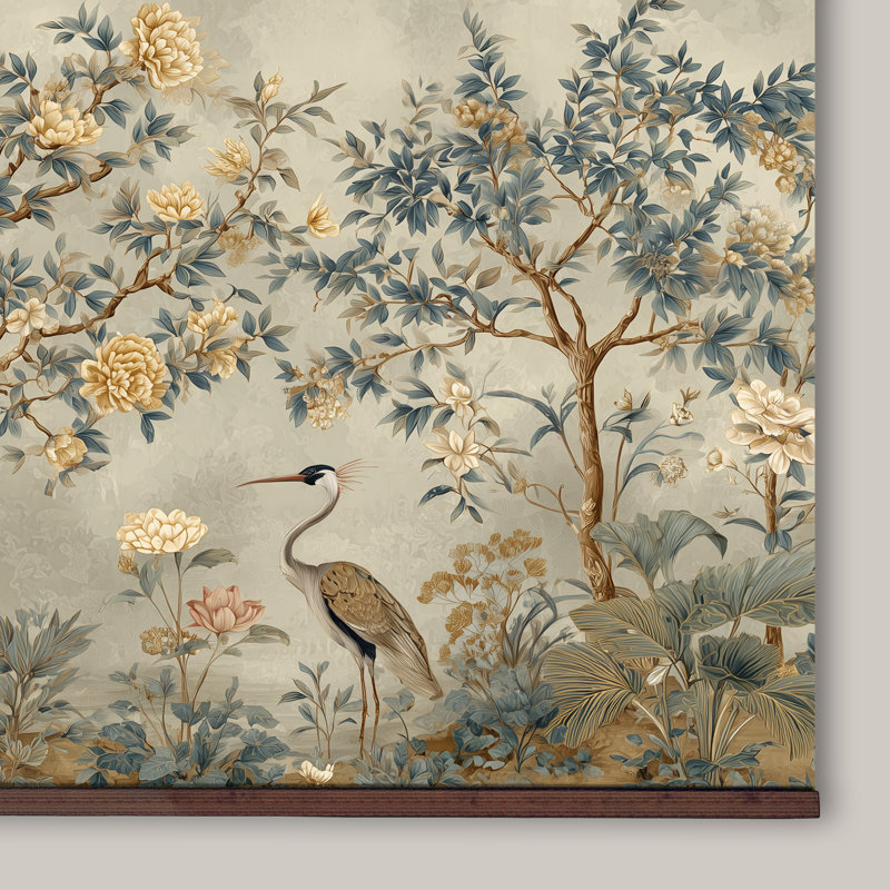 Très grand art mural, toile grue, tapisserie, cintres en bois - motif d'oiseaux botaniques rétro, H 40 po x l 60 po