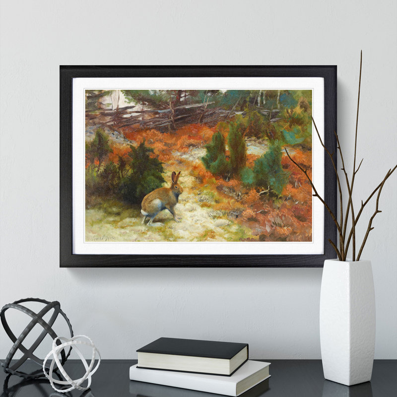 Hare Rabbit by Bruno Liljefors - Picture Frame Painting, 48cm H x 65cm W x 2cm D, Black Framed