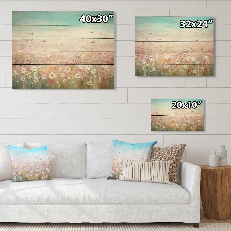 Fleurs sauvages Meadows I - champ de fleurs, art mural sur bois de pin naturel, H 24 po x l 32 po