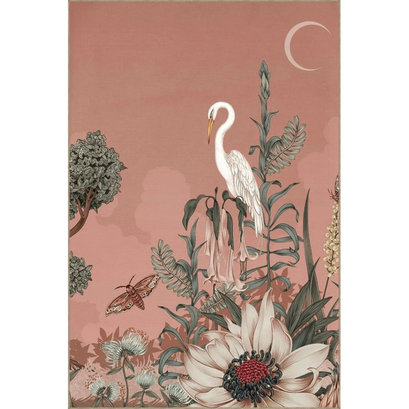 Beige Themed Cartoonist Design Flower Stork And Butterfly Patterned Modern Decorative Carpet, Rectangle 3'4" x 5'