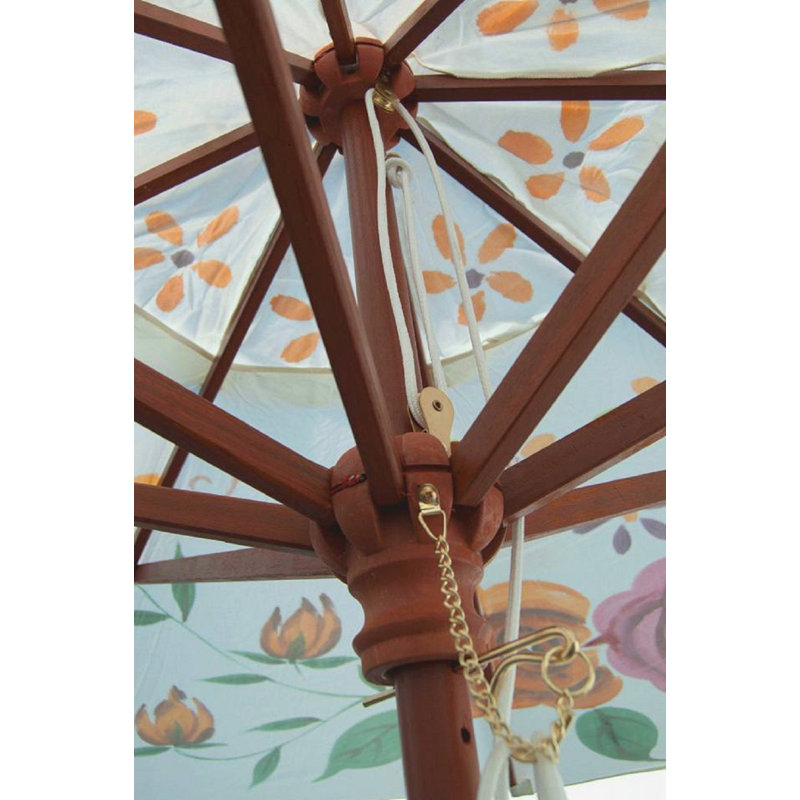 9' Wooden Umbrella with Hand Painted Cover, White/Pink/Yellow Rose