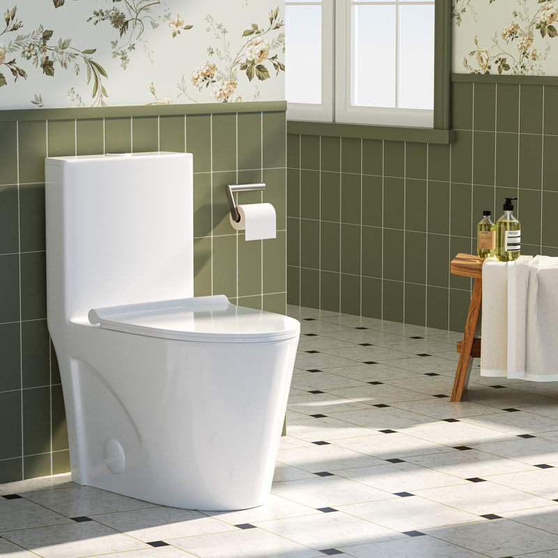  Comfort Height Modern One Piece Toilet, 1.1/1.6 GPF Elongated Dual Flush Toilet with Soft Closing Seat, Standard Modern Toilet for Bathroom, 12" Rough-In