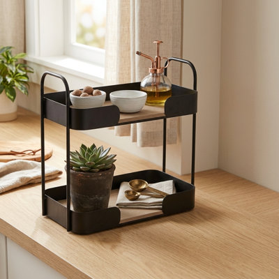 Étagère de table Quintelle à 2 niveaux, organisateur de comptoir moderne en bois et métal noir avec étagères ouvertes