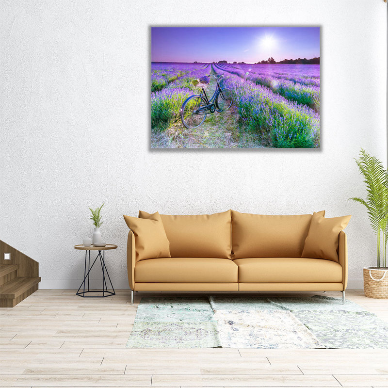 Vélo avec fleurs dans un champ de lavande - reproduction d'art sur toile, H 12 po x l 16 po