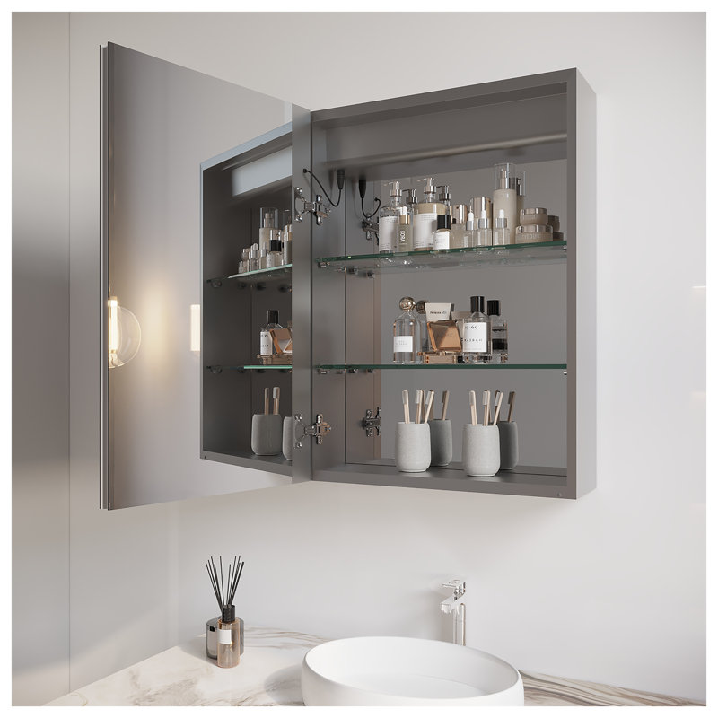 Armoire à pharmacie encastrée à DEL à intensité variable H 26 po x l 20 po avec miroir antibuée et contrôle tactile, aluminium argenté
