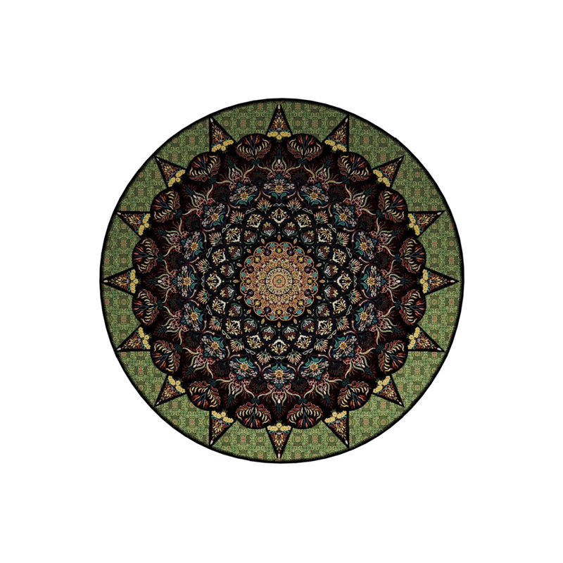 Multicolored Antique Woven Base Modern Decorative Carpet With Green Details, Round 5'
