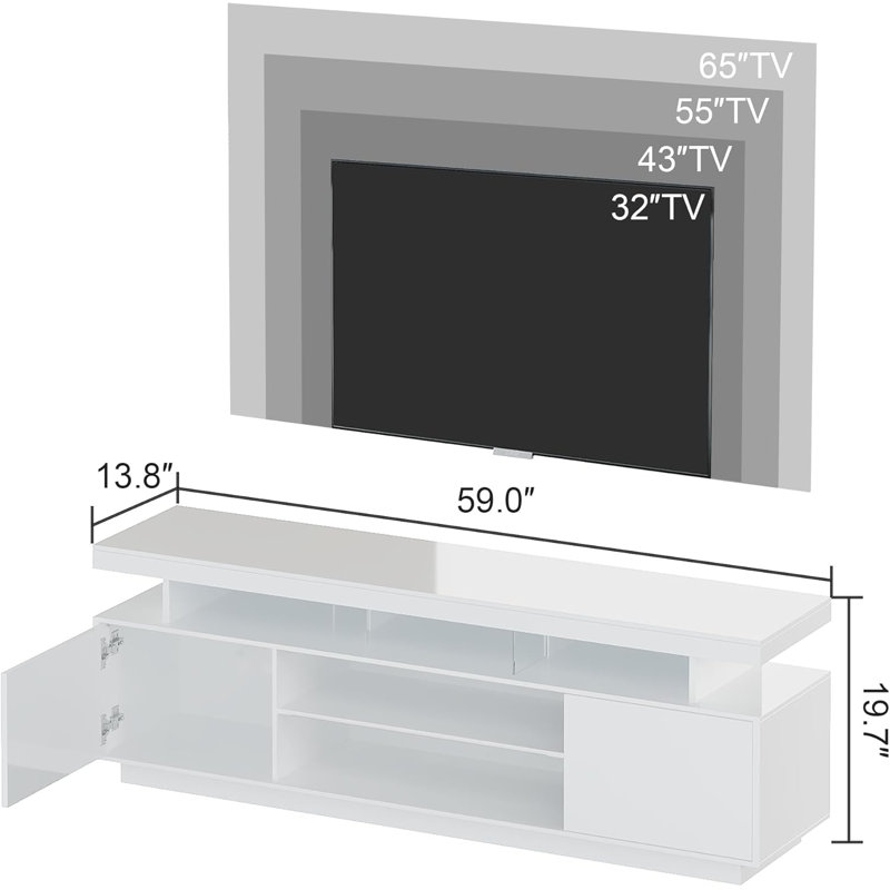 Meuble télé l 59 po pour téléviseur de 64 po ou moins, centre de divertissement avec lumières DEL, Blanc