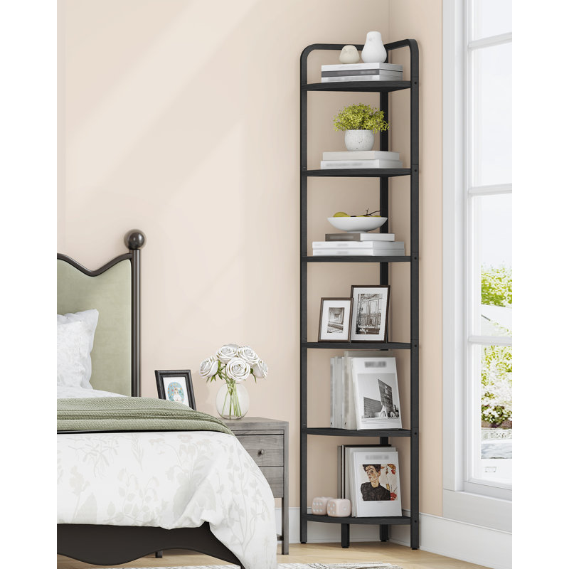 Tablette de coin, bibliothèque de coin, tablette pour plante, support de présentation en coin, tablette avec cadre en métal pour le salon, la salle de bain, la cuisine, style moderne, 6 niveaux, noir