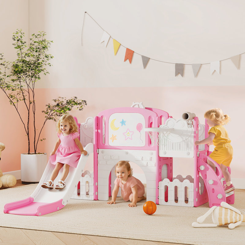 Glissade pour tout-petits, 7 en 1, avec structure d'escalade, panier de basketball, télescope, tableau à dessin, boîte de rangement, aire de jeux intérieure/extérieure, cadeau pour enfants de 1 à 3 ans, rose