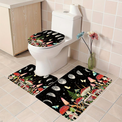 Moon Phase Mushroom Print Set of 3 Bathroom Rug Collection Black