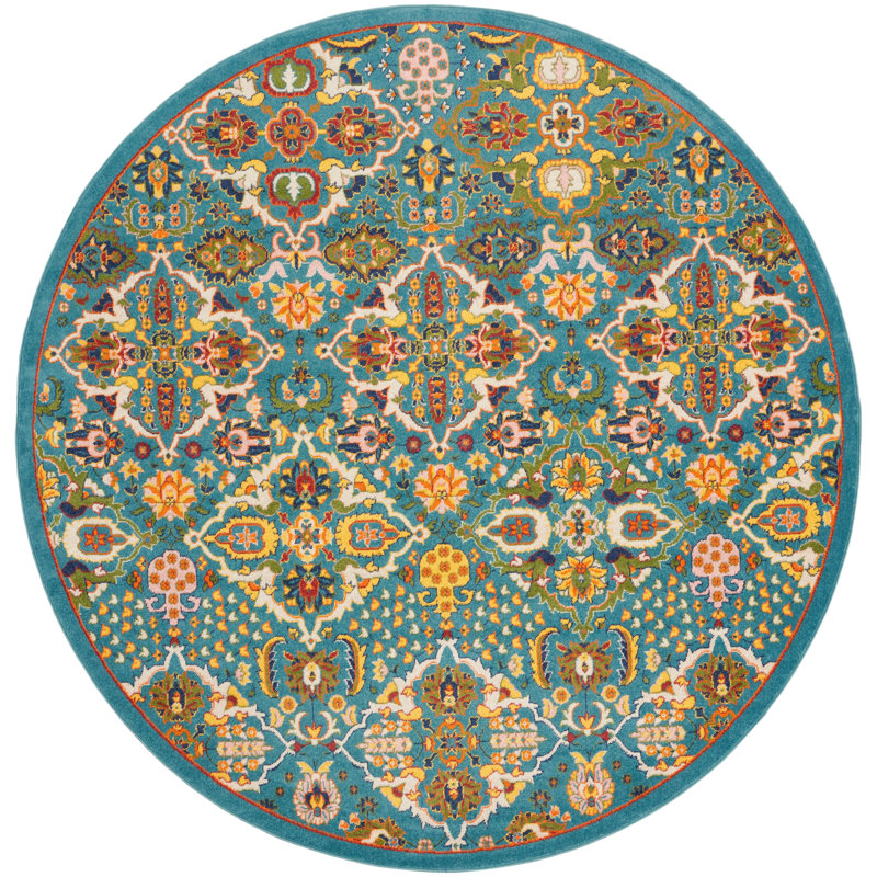 Tapis turquoise / ivoire / jaune Welaka, Rond 7 pi 10 po