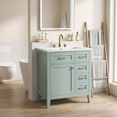 Meuble-lavabo autoportant simple en bois massif et panneau de fibres à densité moyenne de 30 pouces avec lavabo en céramique et accessoires de rangement