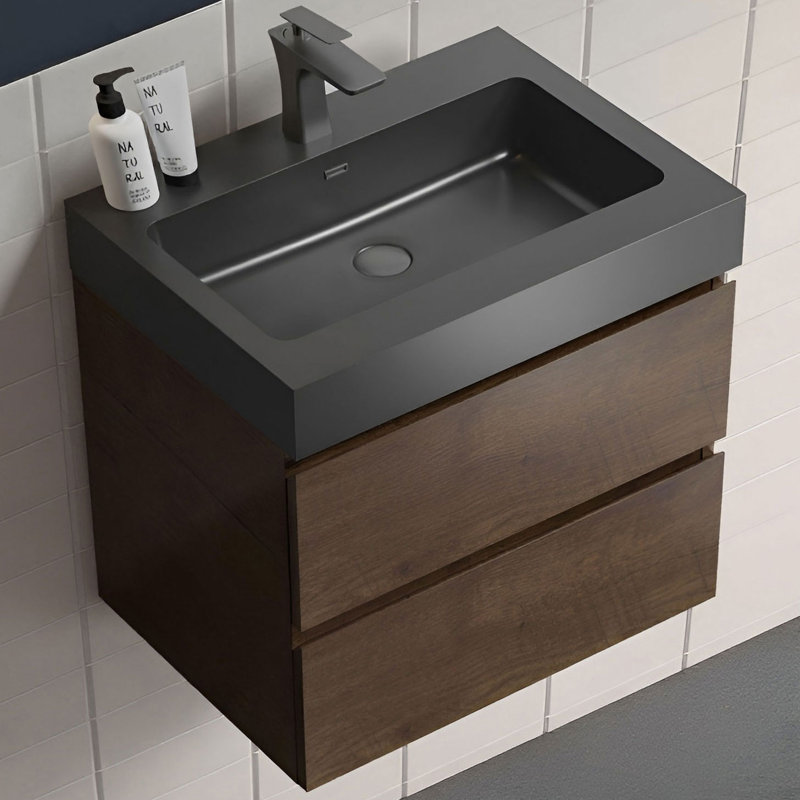 Meuble-lavabo simple mural avec surface solide avec trop-plein, pré-assemblé, Noyer, Noir mat, 24"