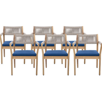 All-Weather Braided Wood Dining Chairs Of 6 With Beige Rope, Navy Cushions, And Quick-Drying Rope Elegant Patio Look, Cushions