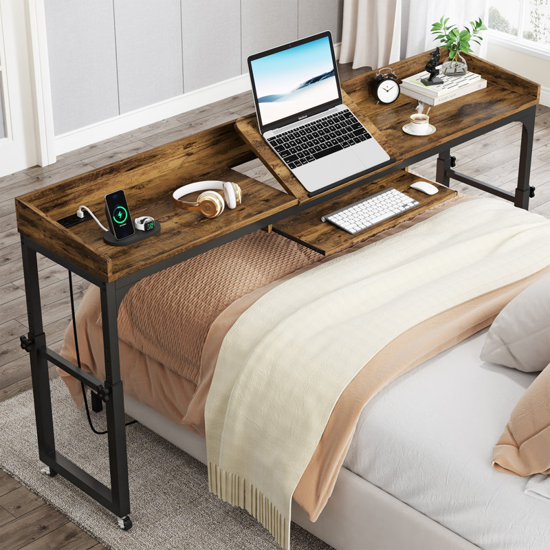 Norocel Adjustable Writing Desk with Power Outlet, Rustic Brown