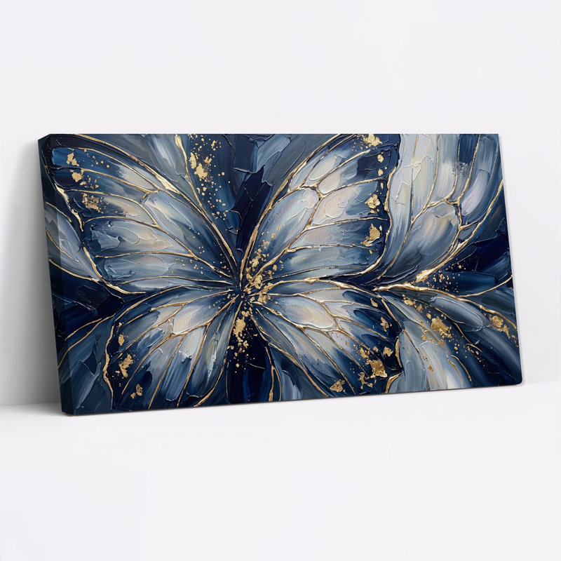 Tableau abstrait sur toile bleue et or représentant des ailes de papillon, 32“W x 16”H
