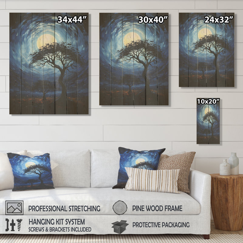 Blue Serengeti Tree III - Arbre africain sur bois, H 44 po x l 34 po