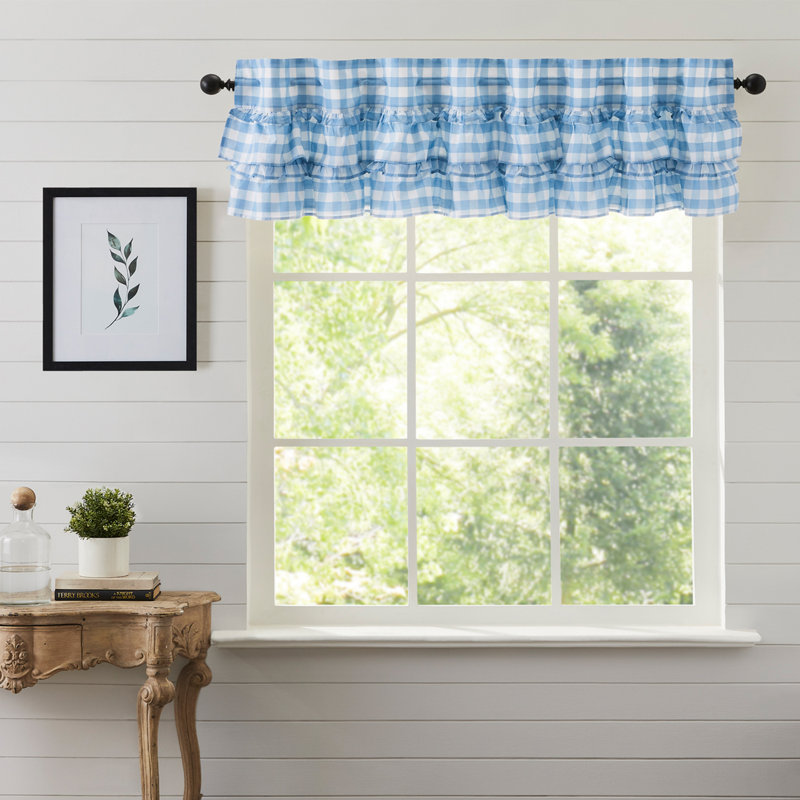  Annie Buffalo Check Cotton Ruffled Window Valance, 72" W x 16" L, Dusk Blue