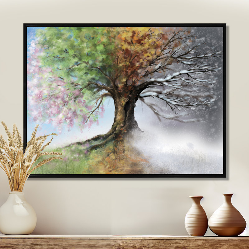 Tree with Four Seasons - Graphic Art Print, Framed Print, 24" H x 32" W, Black
