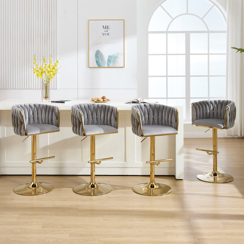 360° Velvet Swivel Bar Stools Set Of 4,  Modern Adjustable Counter Height Bar Stool with Woven Upholstered Backrest, for Kitchen Counter Island Bar