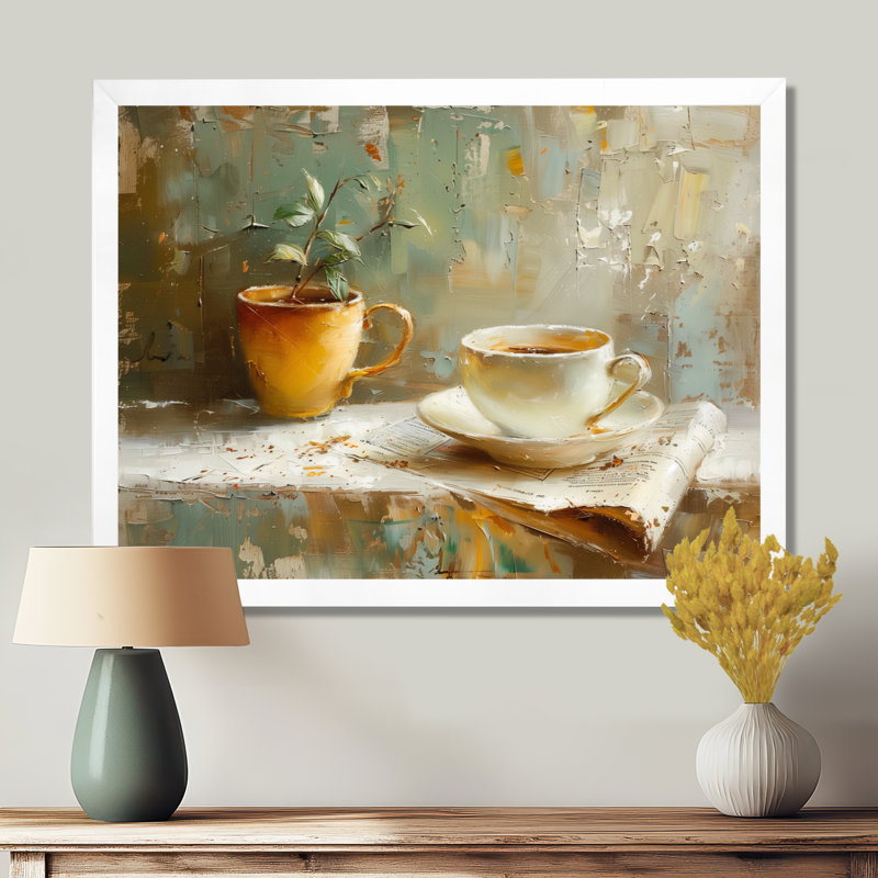 Tasse de café blanche et beige blanche - Art mural café, H 24 po x l 32 po, Cadre simple blanc