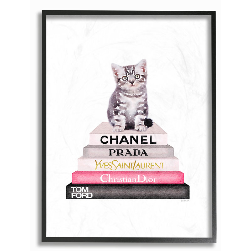 « bookstack with chat », reproduction, Giclée encadrée noir minuit, H 14 po x l 11 po x P 1,5 po
