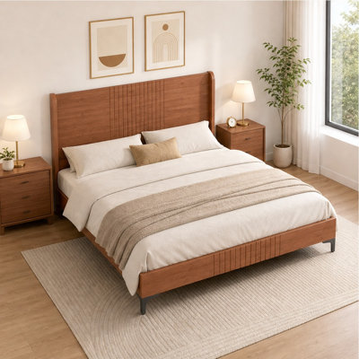 King Size Bamboo Mid-Century Platform Bed Frame with Headboard, Round Corner Design and Natural Finish