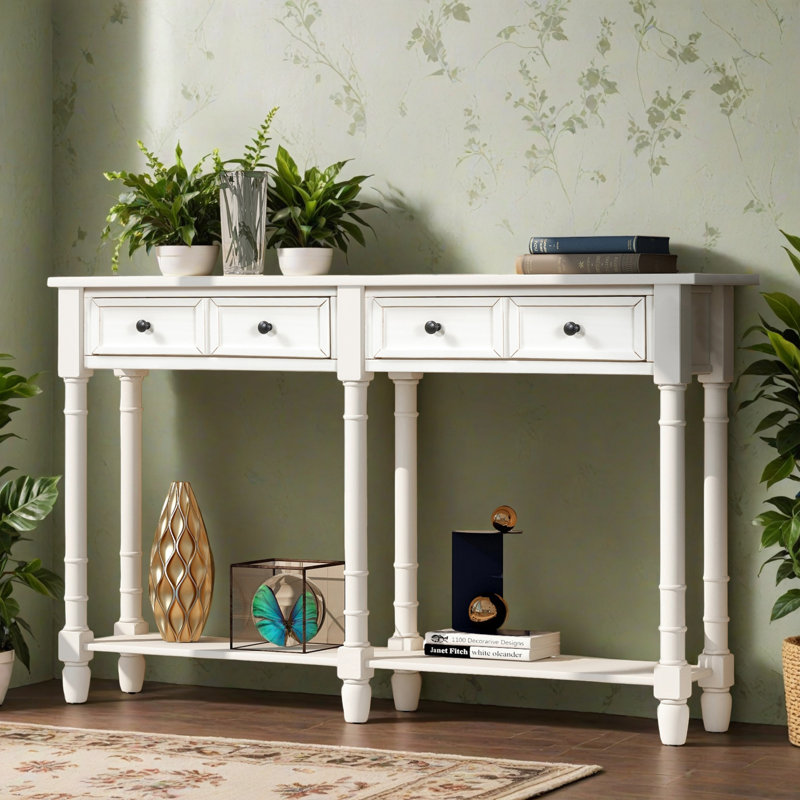 58.02" Console Table, Minimalist Entryway Table with 2 Drawers, Sofa Table with Bottom Shelf for Living Room, Hallway, Ivory