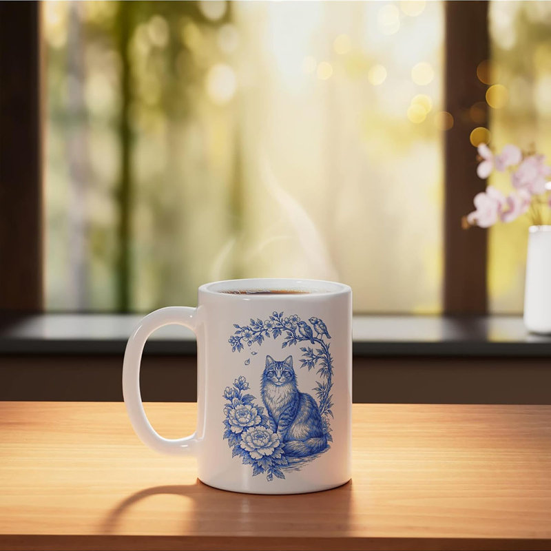 Cute Blue Cat Floral Ceramic Mug, White, 11oz