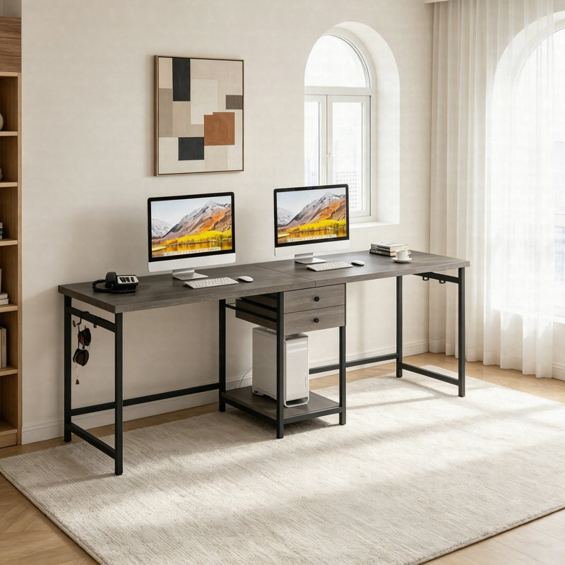 Industrial Two Person Desk 78", Double Computer Desk With Drawers & Storage Shelf, Gray