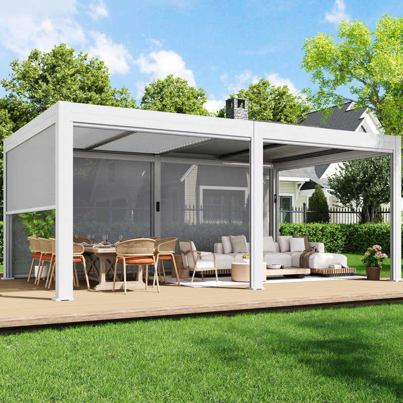 10 x 20 FT Motorized Louvered Pergola with Installation Video, Solar/USB Hybrid Power, 4 Auto Side Screens, Rainproof Roof & Rustproof Aluminum Frame, Remote LED Lights for Deck, Patio & Hot Tub