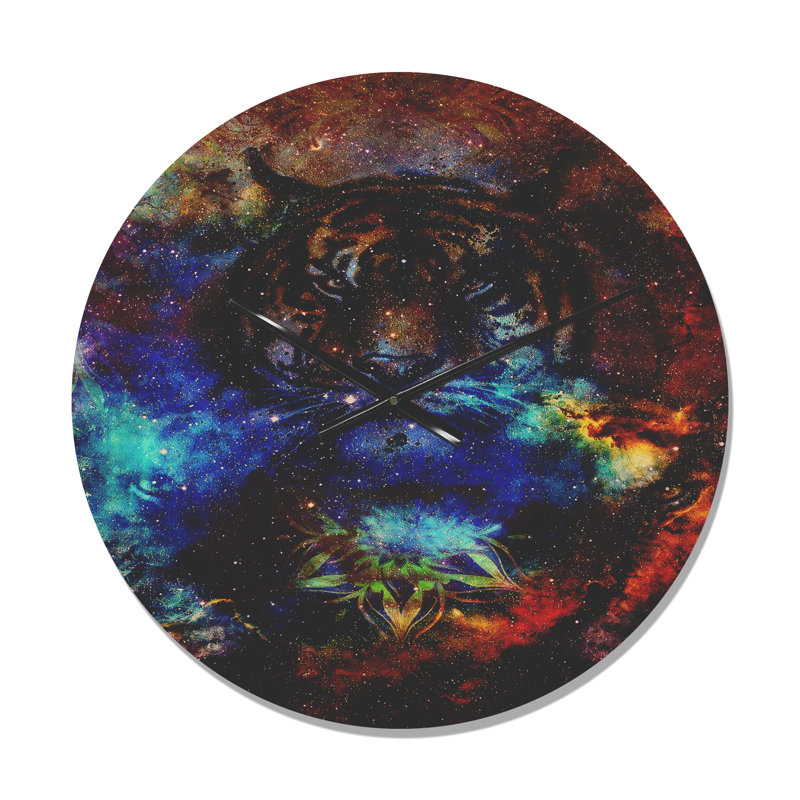 Collage de tigre coloré - horloge murale moderne en bois, Moyen