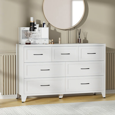 7-Drawer Dresser, Wide Low-Profile Storage Cabinet, White Metal Chest of Drawers for Bedroom, Living Room & Entryway