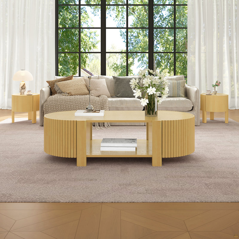 Table d'appoint ronde cannelée avec rangement pour le salon, bois d'hévéa massif, porte à fermeture en douceur, naturel, 19,6 po