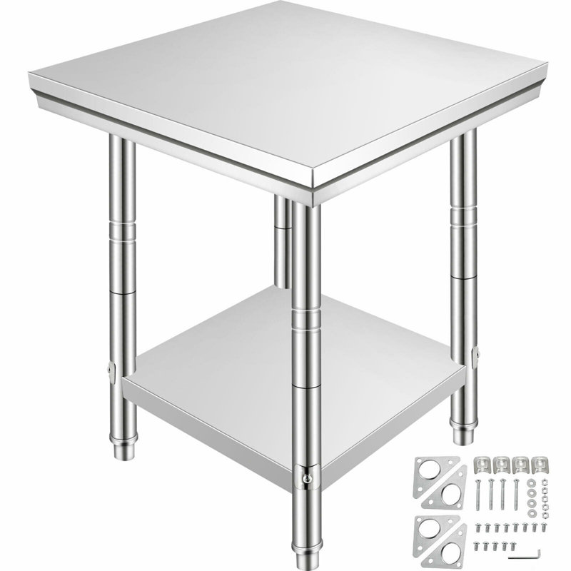Stainless Steel Prep Table, 24 x 24 x 31 Inch, 700 lbs Load Capacity, Heavy-Duty Metal Worktable with 3 Adjustable Height Levels, Commercial Workstation for Kitchen Garage Restaurant Backyard