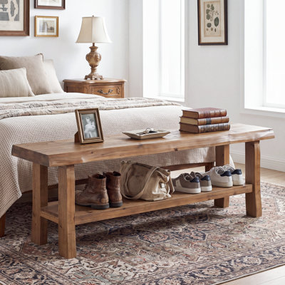 Farmhouse Solid Wood Bedroom Bench, 2-Tier Rustic Bed End Bench With Lower Storage Shelf