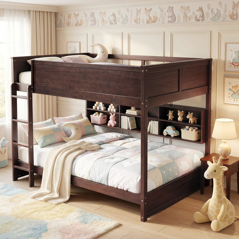 Queen Over Queen Bunk Bed Solid Pine Wood With Built-In Storage Shelves, Integrated Charging Station And Full-Length Guardrails