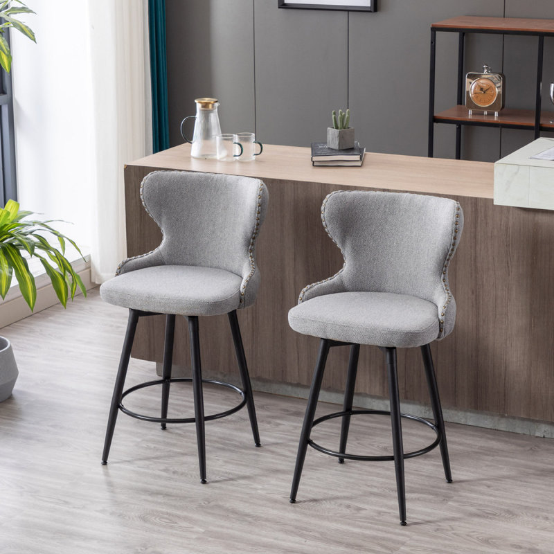 Kanyjah 2-Piece Modern 180° Swivel Bar Stool Chairs Counter Height Bar Stools Kitchen Stools, 25.5" Seat Height, Gray