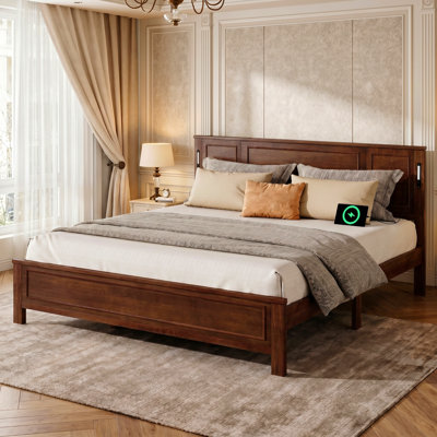 Queen/King Size Wood Bed Frame with LED Lights & USB Charging, Solid Pine Bed with Tall Panel Headboard, No Box Spring Needed, Easy Assembly, Walnut/White
