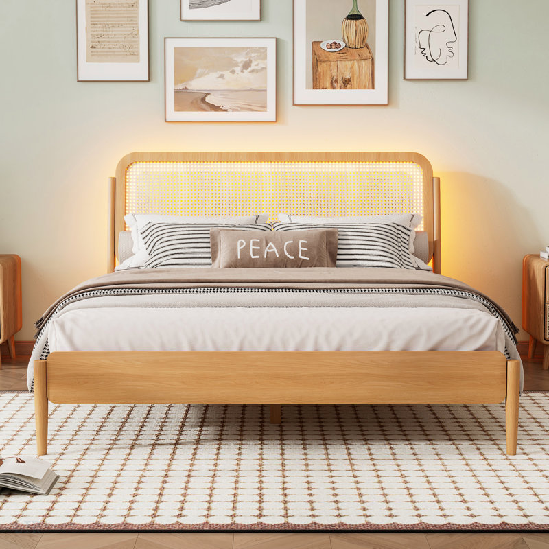 Bed With Led Light And Rattan Headboard, Natural
